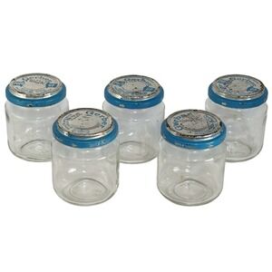 Vintage Gerber Baby Food Jars Quick Twist Lids Blue Silver Set of 5 Glass 2.75in